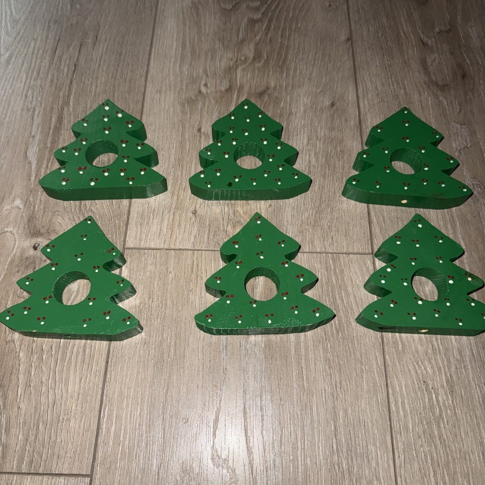 Vintage Wooden Green Christmas Tree Napkin Rings‎ Holders Set Of 6